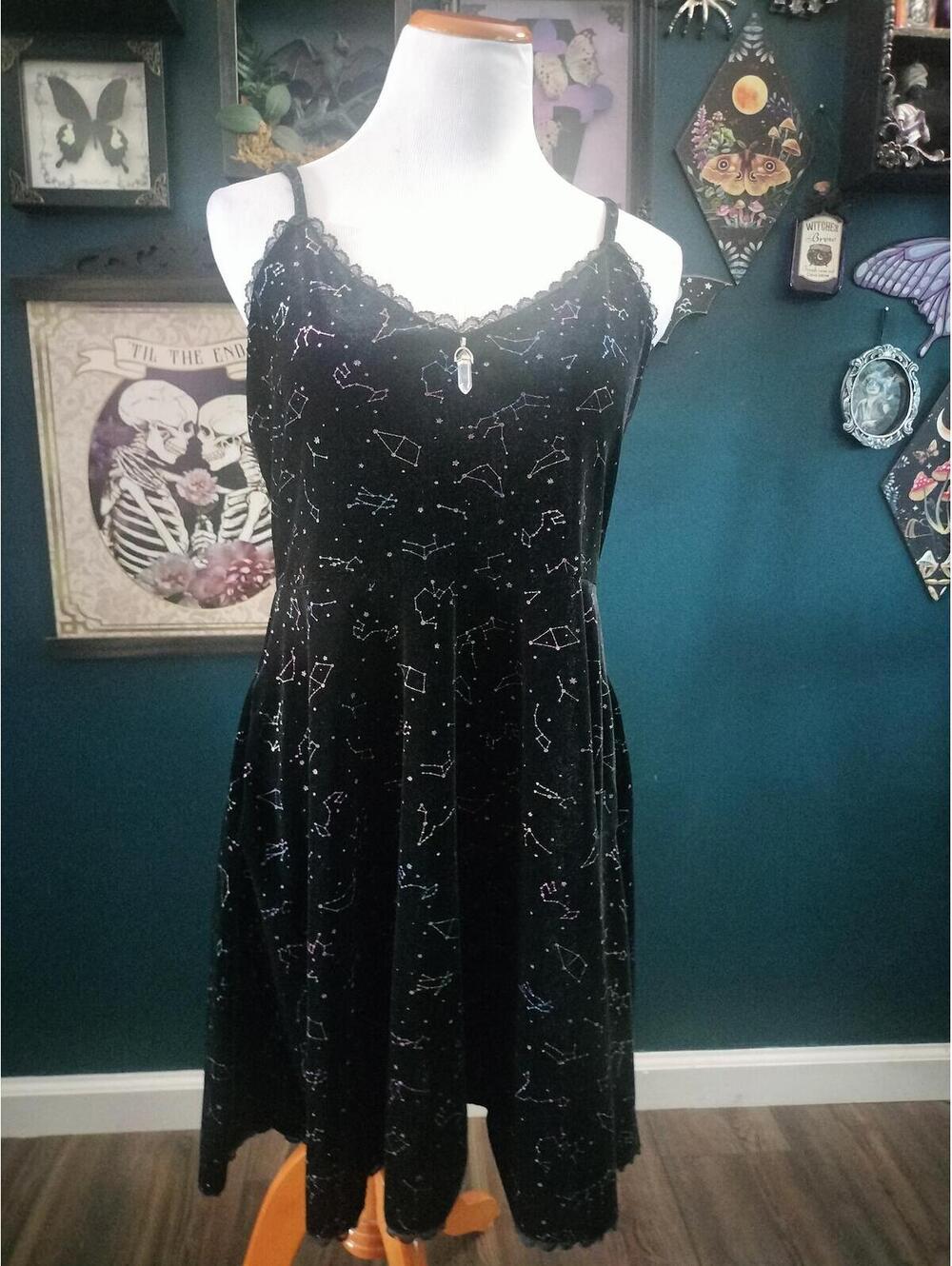 Cosmic Aura black velvet dress with rainbow star galaxy constellations